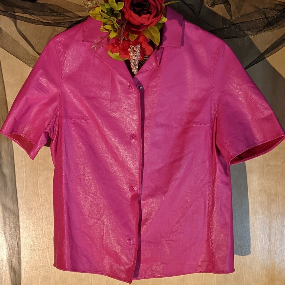 Charles Jourdan Paris Fuchsia Hot Pink Soft Leather Vintage Shirt _ Size 42/12